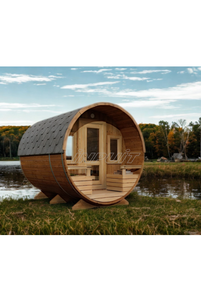 Barrel sauna DELUX 1 with half-moon window, two rooms